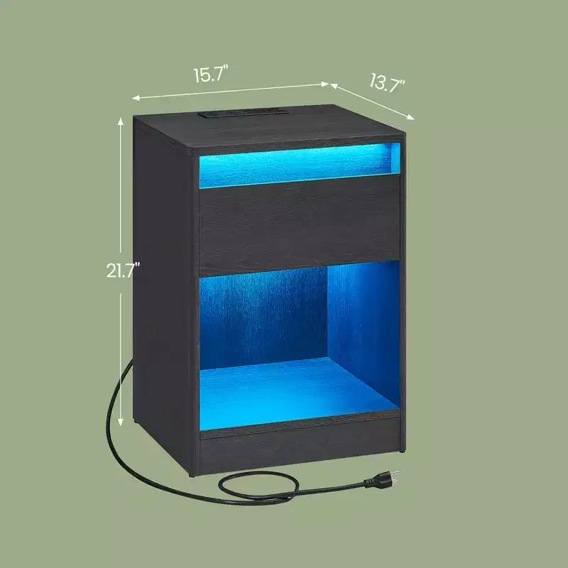 Mesa de noche con estación de carga, mesa auxiliar con cajón, luces LED ajustables modernas