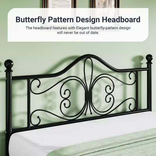 Base de cama metálica Allewie para niños con cabecero y piecero de mariposa, no requiere somier