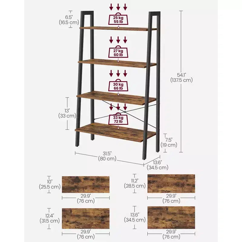 Estantería tipo escalera, librería de 4 niveles, estante de almacenamiento, estantería con marco de acero, para sala de estar, oficina en casa, cocina, dormitorio, estilo industrial