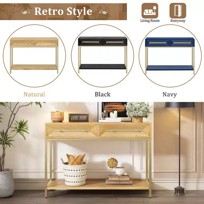 Mesa consola retro con cajones geométricos, mesa auxiliar de sofá de entrada de madera de Paulownia con detalles dorados y almacenamiento