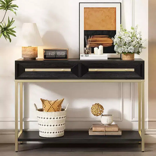 Mesa consola retro con cajones geométricos, mesa auxiliar de sofá de entrada de madera de Paulownia con detalles dorados y almacenamiento