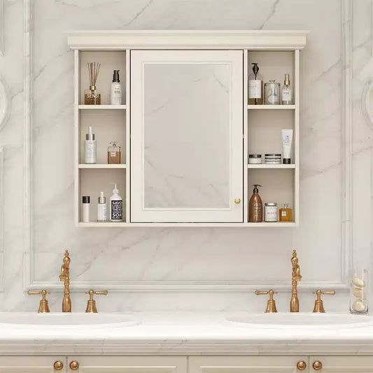 Gabinete de baño con espejo, gabinete de almacenamiento de baño moderno montado en la pared con 6 estantes abiertos, puerta de cierre suave, independiente