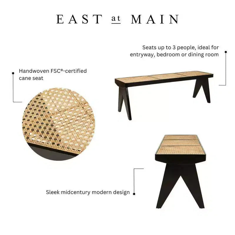 Banco de ratán tejido a mano de 55", base de madera de mango, rectangular, sin tapizar, para 3 personas