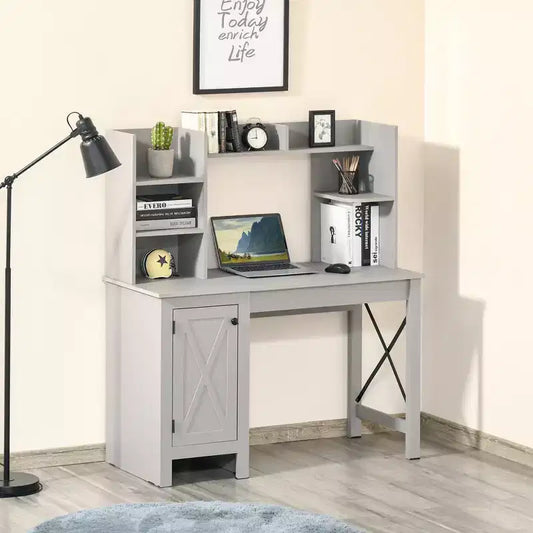Escritorio de ordenador rústico con estante y armario, 8 estantes abiertos, escritorio de estudio para oficina en casa