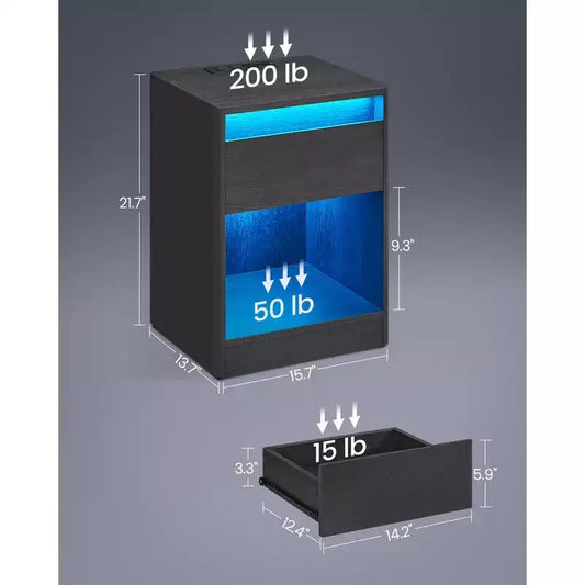 Mesa de noche con estación de carga, mesa auxiliar con cajón, luces LED ajustables modernas