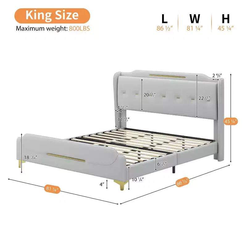 Cama King de plataforma de piel sintética con cabecero y pie de cama de ala, detalles dorados, capacidad de 800 lb
