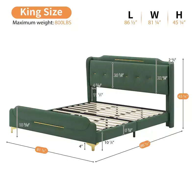 Cama King de plataforma de piel sintética con cabecero y pie de cama de ala, detalles dorados, capacidad de 800 lb