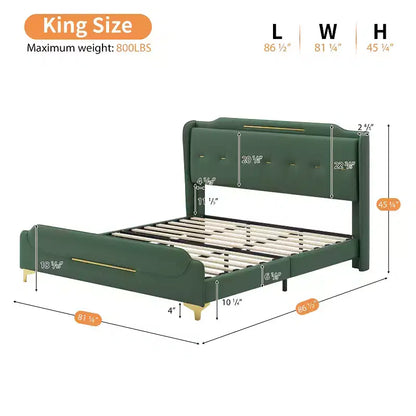 Cama King de plataforma de piel sintética con cabecero y pie de cama de ala, detalles dorados, capacidad de 800 lb