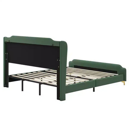 Cama King de plataforma de piel sintética con cabecero y pie de cama de ala, detalles dorados, capacidad de 800 lb