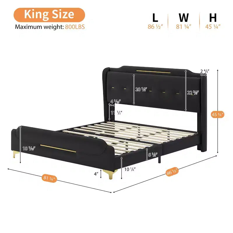 Cama King de plataforma de piel sintética con cabecero y pie de cama de ala, detalles dorados, capacidad de 800 lb