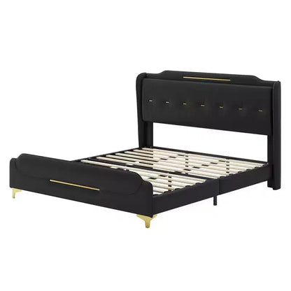 Cama King de plataforma de piel sintética con cabecero y pie de cama de ala, detalles dorados, capacidad de 800 lb