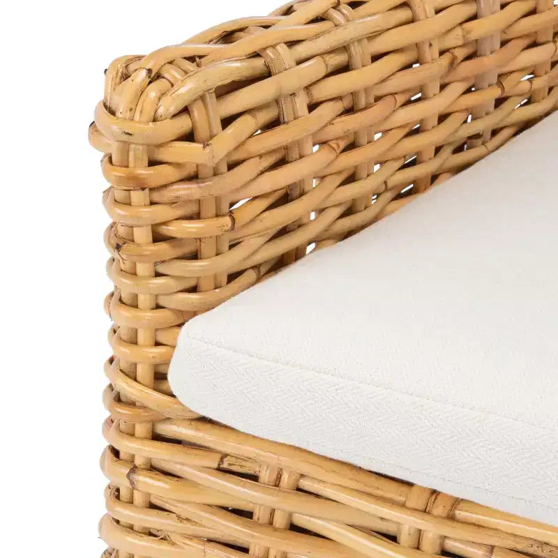 Sillón auxiliar de ratán con cojín, lavado blanco y gris, estructura de madera, soporta 125 kg