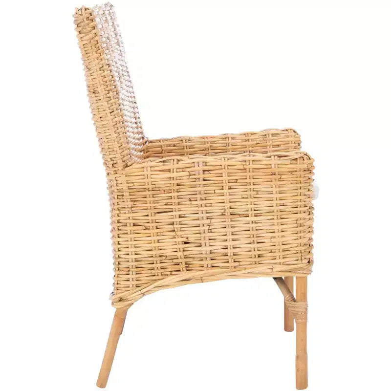 Sillón auxiliar de ratán con cojín, lavado blanco y gris, estructura de madera, soporta 125 kg