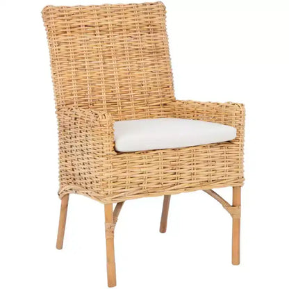 Sillón auxiliar de ratán con cojín, lavado blanco y gris, estructura de madera, soporta 125 kg