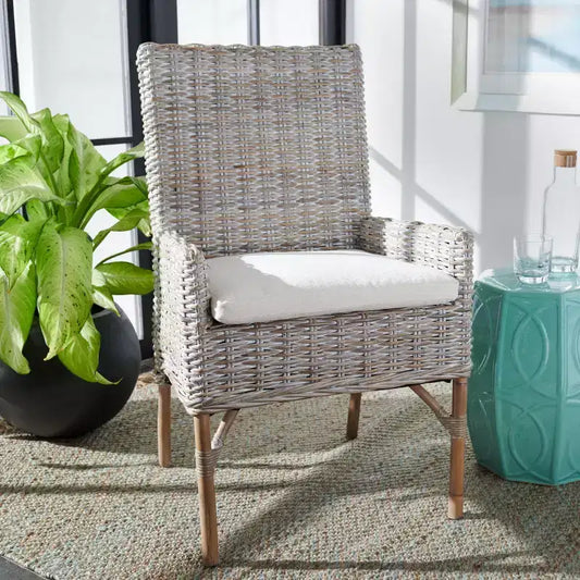 Sillón auxiliar de ratán con cojín, lavado blanco y gris, estructura de madera, soporta 125 kg