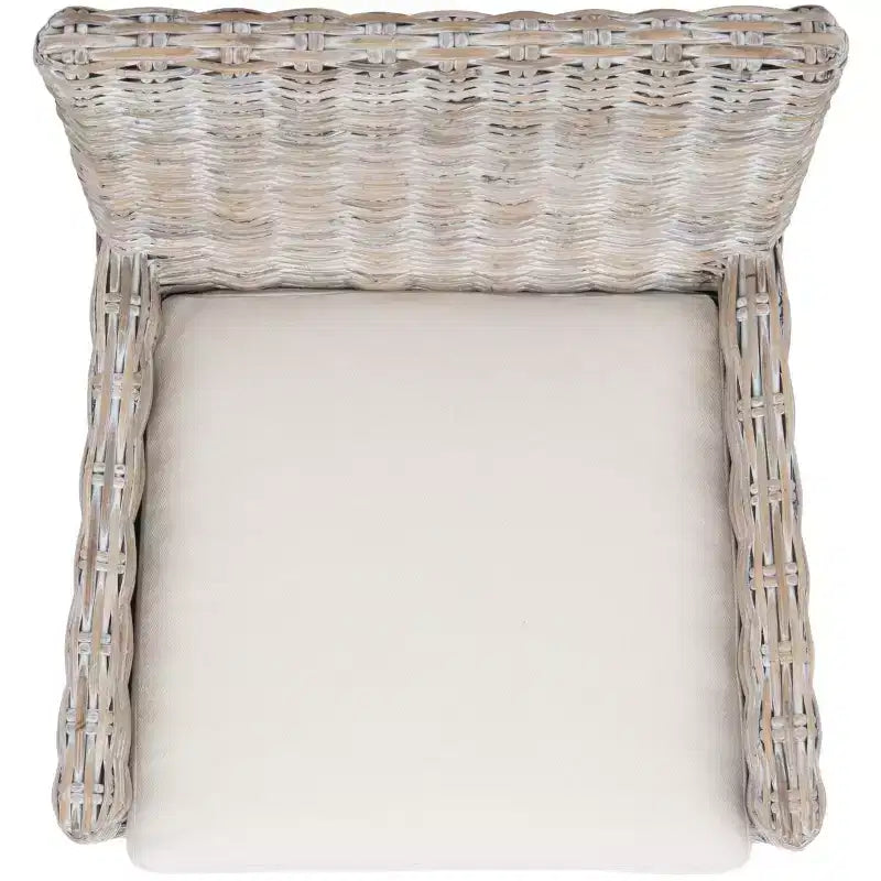 Sillón auxiliar de ratán con cojín, lavado blanco y gris, estructura de madera, soporta 125 kg