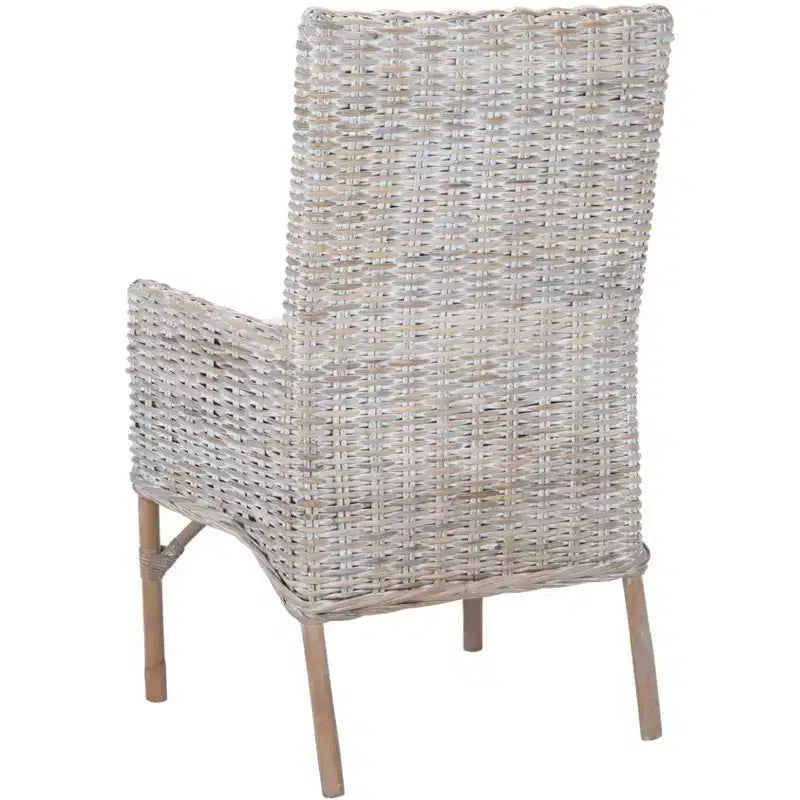 Sillón auxiliar de ratán con cojín, lavado blanco y gris, estructura de madera, soporta 125 kg