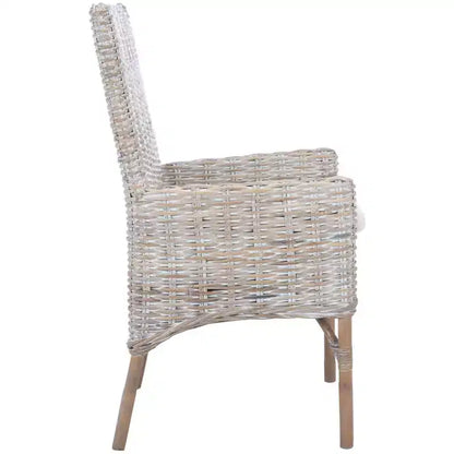 Sillón auxiliar de ratán con cojín, lavado blanco y gris, estructura de madera, soporta 125 kg