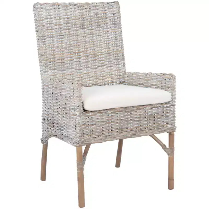Sillón auxiliar de ratán con cojín, lavado blanco y gris, estructura de madera, soporta 125 kg