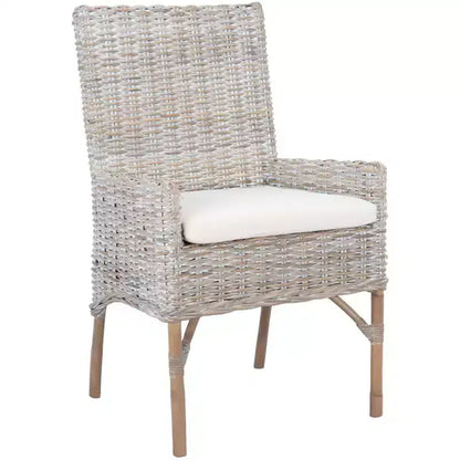 Sillón auxiliar de ratán con cojín, lavado blanco y gris, estructura de madera, soporta 125 kg