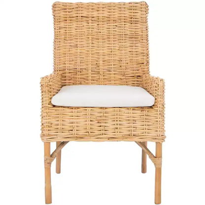Sillón auxiliar de ratán con cojín, lavado blanco y gris, estructura de madera, soporta 125 kg