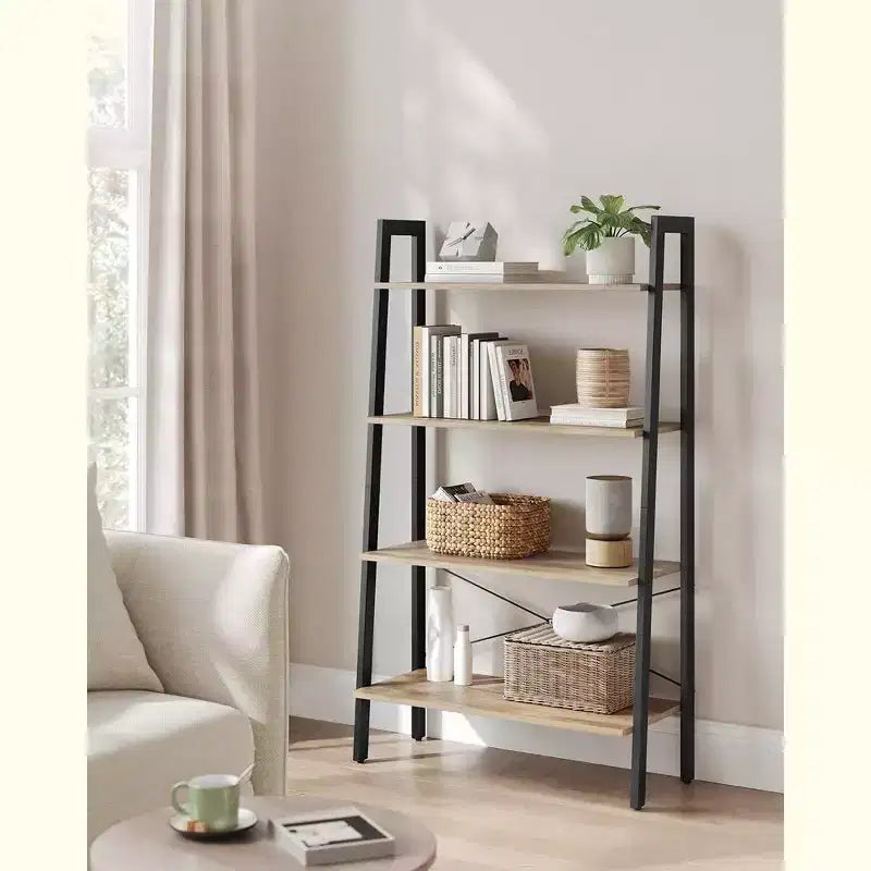 Estantería tipo escalera, librería de 4 niveles, estante de almacenamiento, estantería con marco de acero, para sala de estar, oficina en casa, cocina, dormitorio, estilo industrial