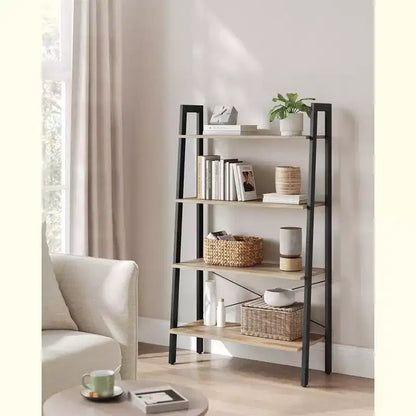 Estantería tipo escalera, librería de 4 niveles, estante de almacenamiento, estantería con marco de acero, para sala de estar, oficina en casa, cocina, dormitorio, estilo industrial