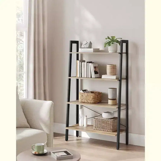 Estantería tipo escalera, librería de 4 niveles, estante de almacenamiento, estantería con marco de acero, para sala de estar, oficina en casa, cocina, dormitorio, estilo industrial