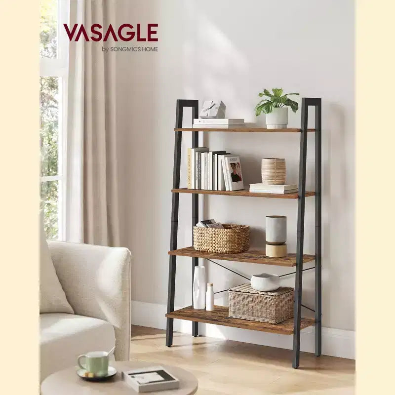 Estantería tipo escalera, librería de 4 niveles, estante de almacenamiento, estantería con marco de acero, para sala de estar, oficina en casa, cocina, dormitorio, estilo industrial