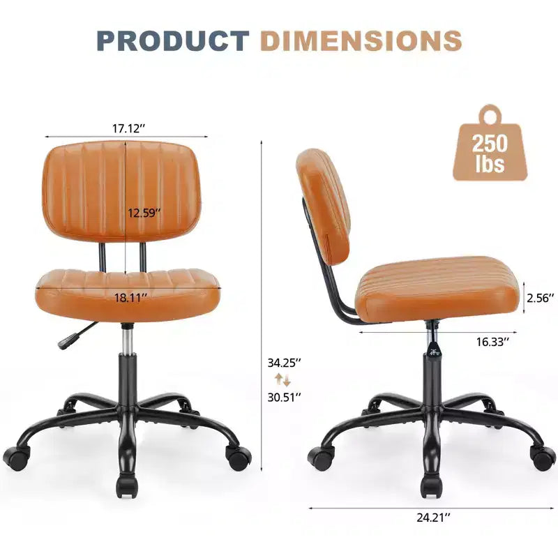 Silla de Oficina Ergonómica Pequeña sin Brazos de Cuero Sintético, Altura Ajustable, Giratoria, Estructura de Acero Inoxidable