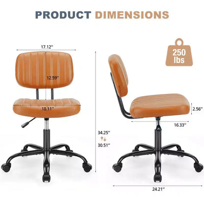 Silla de Oficina Ergonómica Pequeña sin Brazos de Cuero Sintético, Altura Ajustable, Giratoria, Estructura de Acero Inoxidable