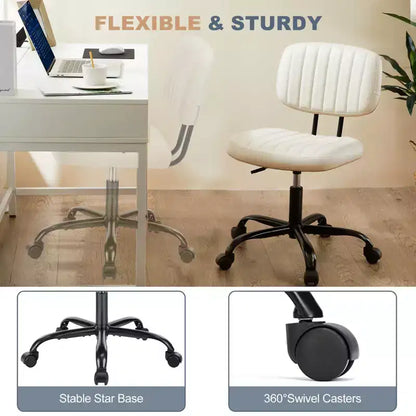 Silla de Oficina Ergonómica Pequeña sin Brazos de Cuero Sintético, Altura Ajustable, Giratoria, Estructura de Acero Inoxidable