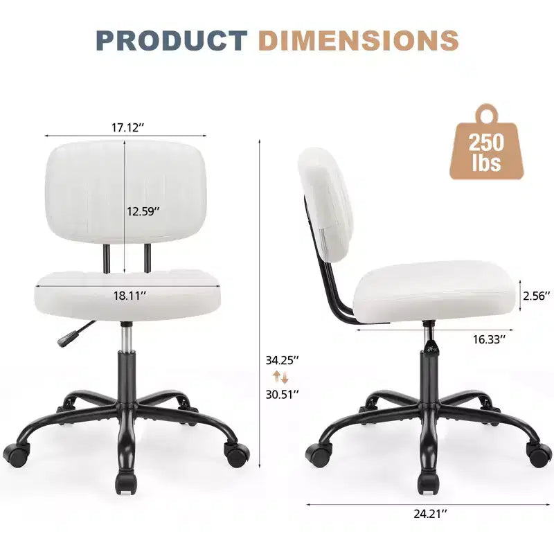 Silla de Oficina Ergonómica Pequeña sin Brazos de Cuero Sintético, Altura Ajustable, Giratoria, Estructura de Acero Inoxidable