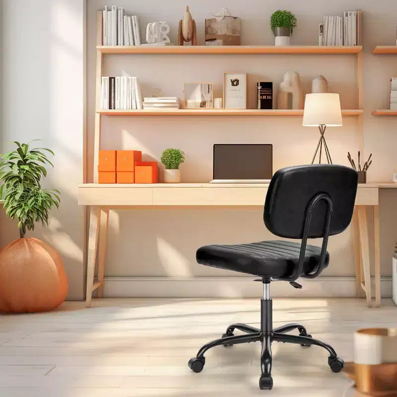 Silla de Oficina Ergonómica Pequeña sin Brazos de Cuero Sintético, Altura Ajustable, Giratoria, Estructura de Acero Inoxidable