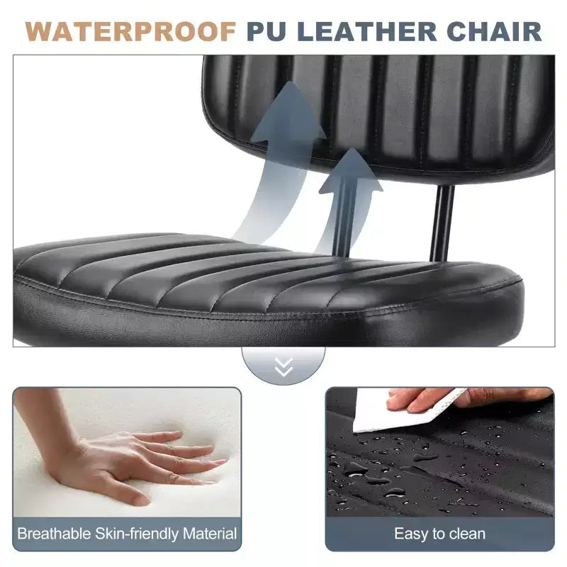 Silla de Oficina Ergonómica Pequeña sin Brazos de Cuero Sintético, Altura Ajustable, Giratoria, Estructura de Acero Inoxidable