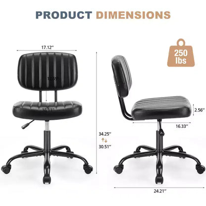 Silla de Oficina Ergonómica Pequeña sin Brazos de Cuero Sintético, Altura Ajustable, Giratoria, Estructura de Acero Inoxidable