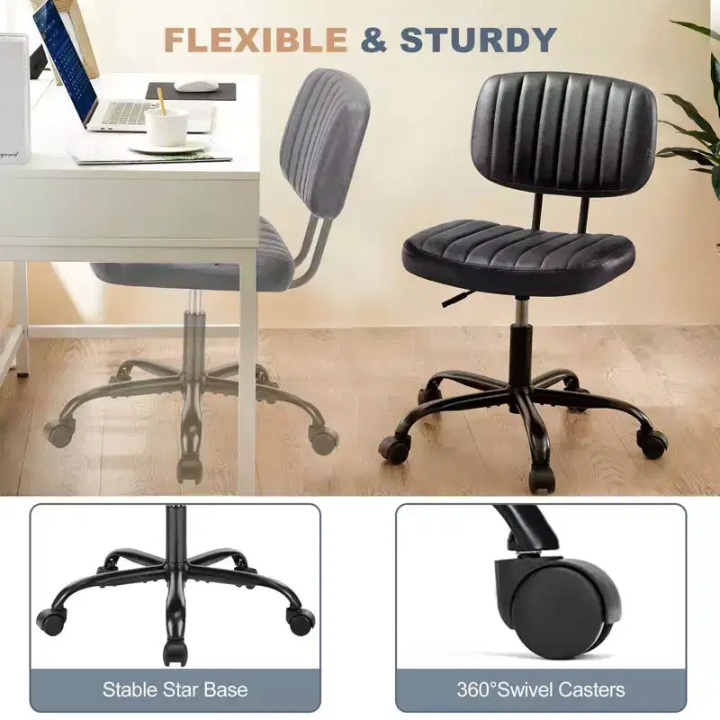 Silla de Oficina Ergonómica Pequeña sin Brazos de Cuero Sintético, Altura Ajustable, Giratoria, Estructura de Acero Inoxidable