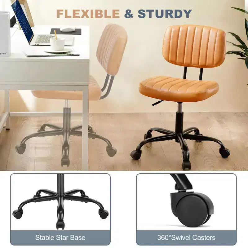 Silla de Oficina Ergonómica Pequeña sin Brazos de Cuero Sintético, Altura Ajustable, Giratoria, Estructura de Acero Inoxidable