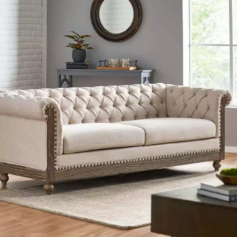 79W 3-Seat Sofa Couch, Retro Wooden Upholstered Tufted Sofa -Christopher Knight Home