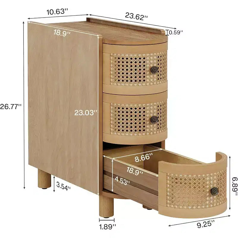Mesa auxiliar de madera maciza con 3 cajones de ratán y tiradores repujados, no requiere montaje