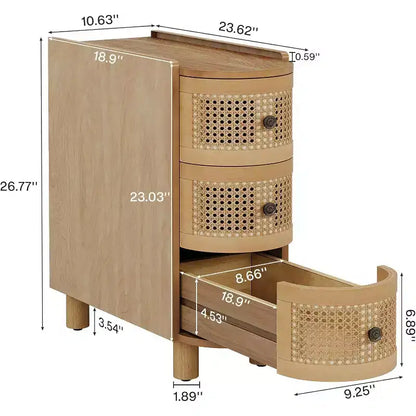 Mesa auxiliar de madera maciza con 3 cajones de ratán y tiradores repujados, no requiere montaje
