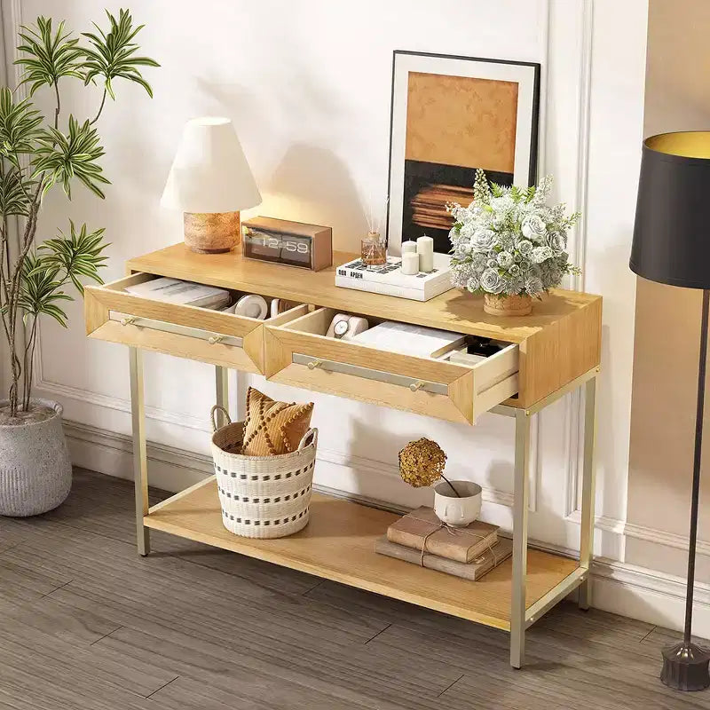 Mesa consola retro con cajones geométricos, mesa auxiliar de sofá de entrada de madera de Paulownia con detalles dorados y almacenamiento