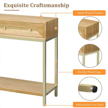 Mesa consola retro con cajones geométricos, mesa auxiliar de sofá de entrada de madera de Paulownia con detalles dorados y almacenamiento