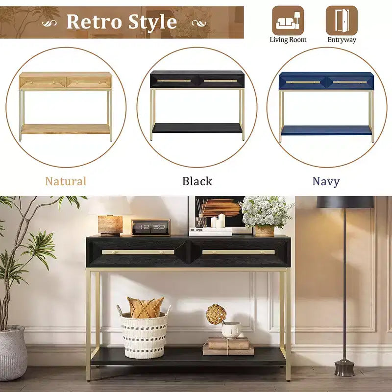 Mesa consola retro con cajones geométricos, mesa auxiliar de sofá de entrada de madera de Paulownia con detalles dorados y almacenamiento