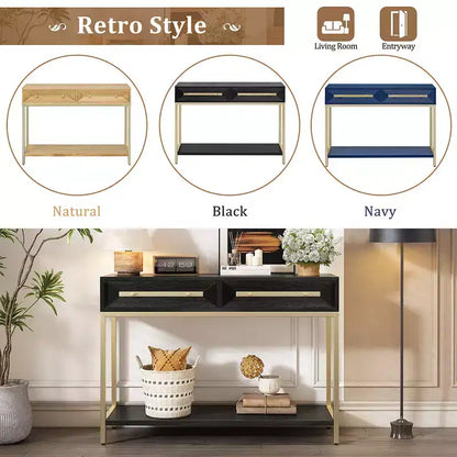 Mesa consola retro con cajones geométricos, mesa auxiliar de sofá de entrada de madera de Paulownia con detalles dorados y almacenamiento