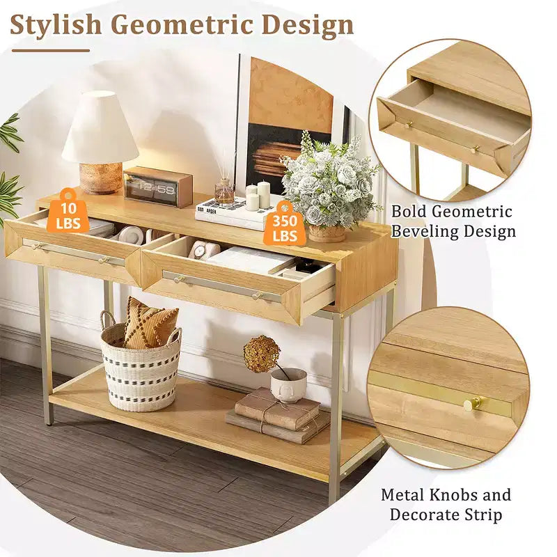 Mesa consola retro con cajones geométricos, mesa auxiliar de sofá de entrada de madera de Paulownia con detalles dorados y almacenamiento