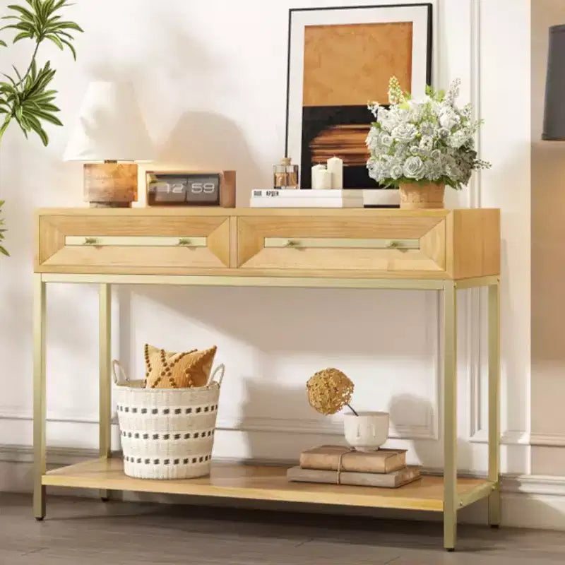 Mesa consola retro con cajones geométricos, mesa auxiliar de sofá de entrada de madera de Paulownia con detalles dorados y almacenamiento