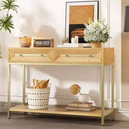 Mesa consola retro con cajones geométricos, mesa auxiliar de sofá de entrada de madera de Paulownia con detalles dorados y almacenamiento