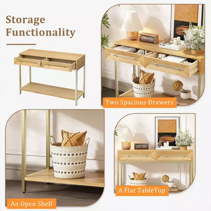 Mesa consola retro con cajones geométricos, mesa auxiliar de sofá de entrada de madera de Paulownia con detalles dorados y almacenamiento