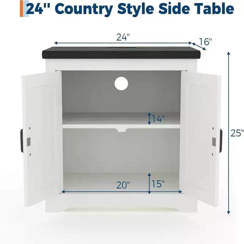 Gabinete de almacenamiento grande de granja blanco y puerta corrediza, mesa auxiliar rústica o mesita de noche para sala de estar, dormitorio